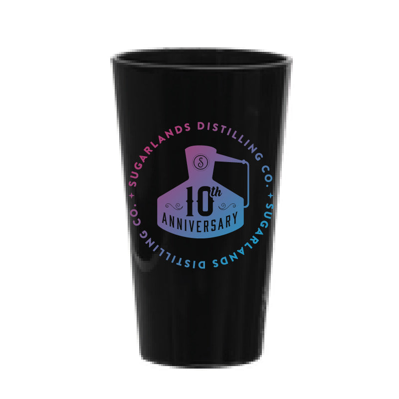 16oz 10th Anniversary Pint Glass - Black with Pink/Blue Design